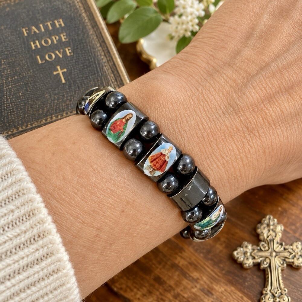 Vintage Religious Icon Hematite Stone Stretch Bracelet 12 Catholic Icons